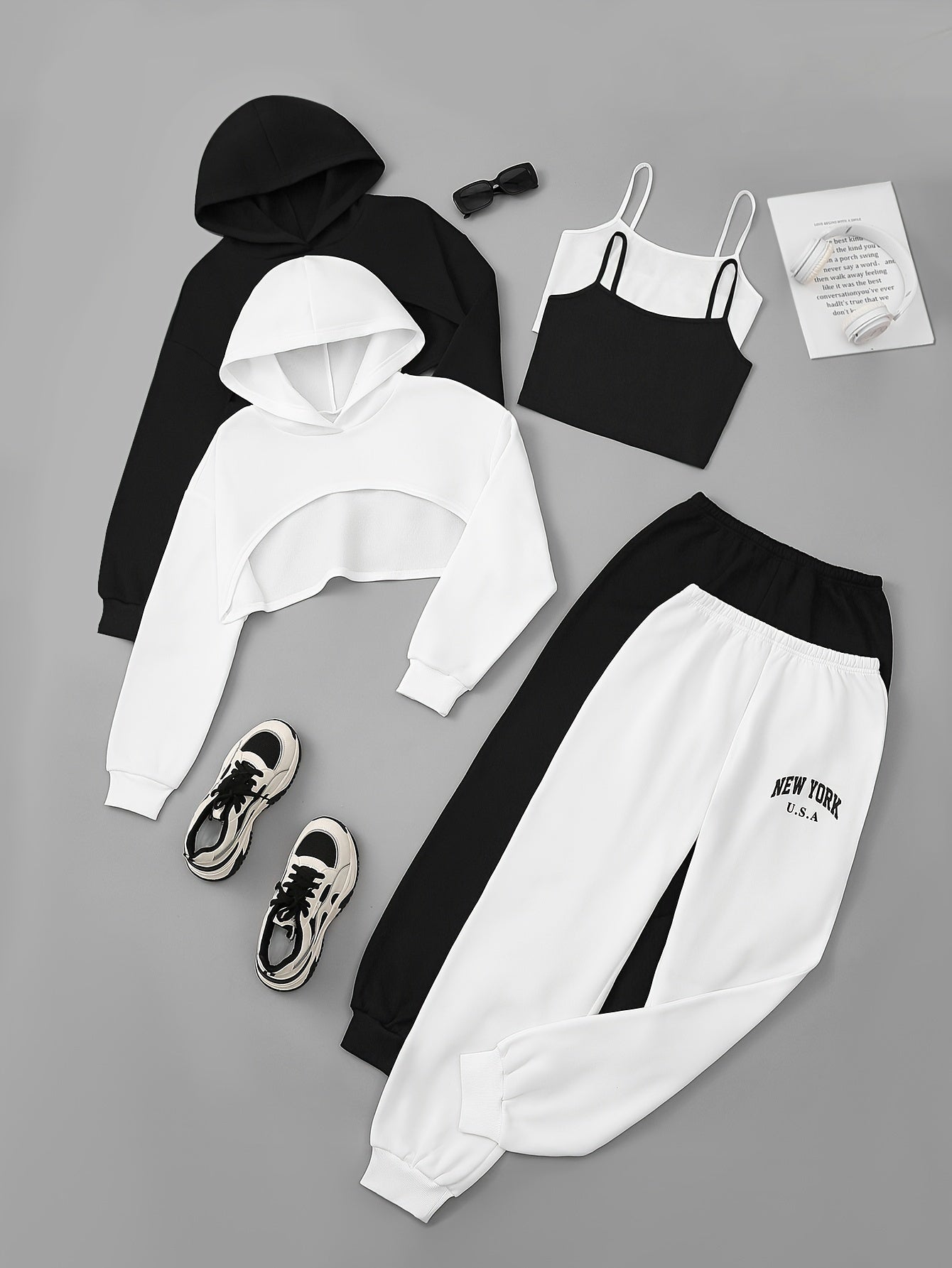 3pcs Chic Black & White Letter Print Hoodie Set - Casual Polyester Outfit with Crop Top, Bra & Elastic Waist Pants, Machine Washable - Women's Streetwear Ensemble